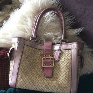 Rare Coach Natural Woven Straw Pink Leather Tote